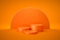 Orange product background stand or podium pedestal on empty display with glowing light backdrops. 3D rendering