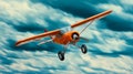 Orange propeller airplane flying through a cloudy sky with dynamic motion Royalty Free Stock Photo