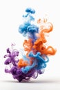 Orange, pruple and blue smoke swirling against white backdrop abstract art Royalty Free Stock Photo