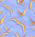 Orange pterosaurs among the clouds. Flying dinosaurs.