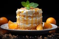 orange pudding cake with yogurt and cheesecake on woodwn table. Generative ai Royalty Free Stock Photo