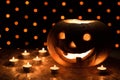 Orange pumpkin as a head with carved eyes and a smile with candles on a black background with a garland to the Halloween party Royalty Free Stock Photo