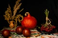 Orange pumpkin in center on black background. Tomatoes in the foreground.