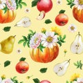 Orange pumpkin,chrysanthemum,pears,red apples on white background.Summer,autumn illustration of fruits,vegetables. Royalty Free Stock Photo