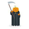 Orange pumpkin with evil eyes in a black cloak holds a scythe.