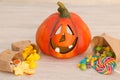 Orange pumpkin halloween and baubles. Royalty Free Stock Photo