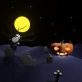 Orange pumpkin on graveyard with full moon and pleiades