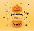Orange pumpkin open box explode with text, candy, conffetti on yellow background for Halloween theme concept, Vector Royalty Free Stock Photo