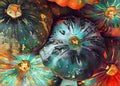 Orange pumpkin pile with spotted skin closeup. Colorful squash digital illustration. Ripe pumpkin bunch texture