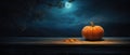 Orange Pumpkin Rests On An Old Wooden Table In Moonlight