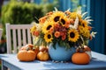 Orange pumpkin and sunflowers bouquet in the blue vase on the table. Farmhouse autumn centerpiece on blurred outdoor background. Royalty Free Stock Photo