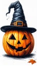 Orange Pumpkin Wearing a Black Witch Hat Isolated on White Background Royalty Free Stock Photo