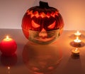 Orange pumpkin is wearing protective medical mask, autumn second wave of coronavirus infection, halloween and covid-19 concept Royalty Free Stock Photo
