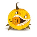 Orange pumpkin with white teeth and a squint, eating a small pumpkin that has frightened.