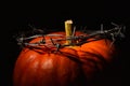 Orange pumpkin with a wreath of barbed wire, a crown of thorns, on a black background. Halloween concept. copy space