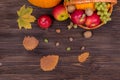 Orange pumpkins with apples and pears in a basket with grapes, nuts and leaves on a brown wooden table. View from above Royalty Free Stock Photo