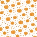 Orange pumpkins and dots on white background. Halloween, october seamless repeat vector pattern. For print and textile design. Vec