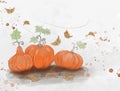 Orange pumpkins fruit and autumn leaves flying illustration watercolor painting