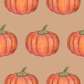 Orange pumpkins isolated on beige background. Seamless pattern. Halloween or Thanksgiving Day decoration. Hand drawn illustration. Royalty Free Stock Photo