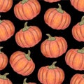 Orange pumpkins isolated on black background. Seamless pattern. Halloween or Thanksgiving Day decoration. Hand drawn illustration. Royalty Free Stock Photo