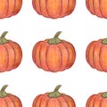 Orange pumpkins isolated on white background. Seamless pattern. Halloween or Thanksgiving Day decoration. Hand drawn illustration. Royalty Free Stock Photo