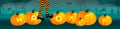 Orange pumpkins with lighting text, witch legs with striped stockings on dark green background with cobweb and cute spiders. Happy