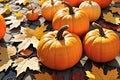 Orange Pumpkins Nestled Among a Scatter of Fall Leaves Resting on a Light-Reflective Surface, Capturing Autumn\'s Warmth