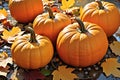 Orange Pumpkins Nestled Among a Scatter of Fall Leaves Resting on a Light-Reflective Surface, Capturing Autumn\'s Warmth