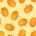 Orange pumpkins on yellow background seamless pattern. Thanksgiving day background. Royalty Free Stock Photo