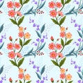 Orange and purple flowers on light blue color seamless pattern. Royalty Free Stock Photo