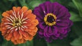 Orange and purple flowers. Zinnia flowers.