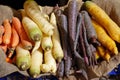 Bunches of carrots on a market stall. Fresh and organic vegetables at farmers market. Organic, agriculture products Royalty Free Stock Photo