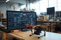 Orange quadcopter drone with camera resting on workbench in engineering lab, with computer monitor displaying technical Royalty Free Stock Photo