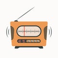 Orange radio in retro style with an antenna and music playing from it. Flat vector illustration of icon, logo, emblem. Royalty Free Stock Photo