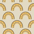 Orange rainbow groovy 1970 good vibes seamless vector pattern background. Warm retro abstract wallpaper, fun 70s texture