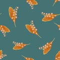 Orange random lily of the valley spring flowers seamless pattern. Turquoise background. Doodle style