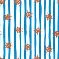 Orange random ship wheel silhouettes seamless doodle pattern. Blue and white striped background Royalty Free Stock Photo