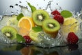 orange, raspberry and kiwi in water splash, fruit boom in water.