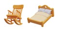 Orange realistic rocking chair and comfortable bed for sleeping