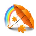 Orange realistic umbrella with falling yellow leaves and rainbow