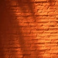 Orange red brown brick wall. Close-up. Sunlight and shade from tree leaves. Bright vintage background. Royalty Free Stock Photo