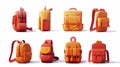 An orange and red colored school bag, backpack, or rucksack with webbing. This student backpack or schoolbag is isolated