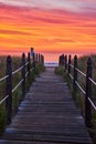 Orange and red sunrise light with straight boardwalk path guiding you to beach Royalty Free Stock Photo