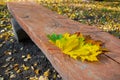 Orange, red, yellow and green autumn leaves of linden and maple, lying on wooden bench made of wide board and log linings. Royalty Free Stock Photo