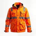 Orange reflective work jacket isolated on white background. Protective, safety features. Waterproof, visibility elements. Royalty Free Stock Photo
