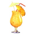 Orange refreshing cold cocktail with pineapple, isolated, watercolor illustration