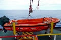 Orange rescue boat with outboard engine built from glass reinforced plastic material. Royalty Free Stock Photo