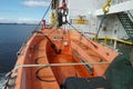 Orange rescue boat with outboard engine built from glass reinforced plastic material. Royalty Free Stock Photo