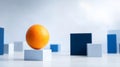 Unique orange fruit standing out on a white cube, surrounded by blue and white geometric shapes, concept of individuality and Royalty Free Stock Photo
