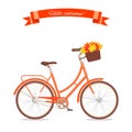 Orange retro bicycle with autumn leaves in floral basket and box on trunk. Color bike isolated on white background. Flat vector il Royalty Free Stock Photo